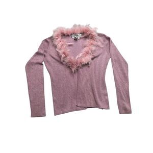 Vintage 90's Y2K Pink Glam Feather Cardigan Sweater‎ Top Joseph A Size Medium